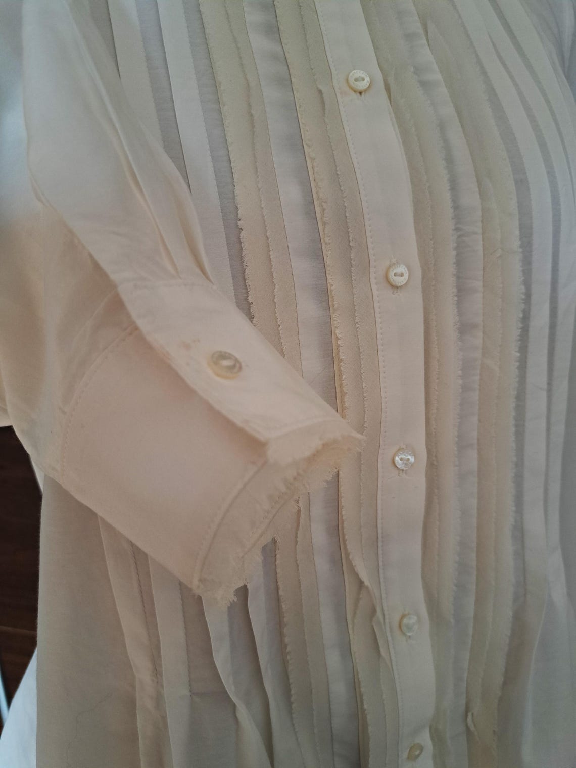 Vintage Marc Cain Sports White Creamy Cotton/Silk Shirt Pintuck Fine Ruffle, M, photo 4 of 5