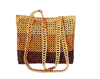 Borsa tote vintage con perline di legno, marrone/beige, stile retrò hippie boho