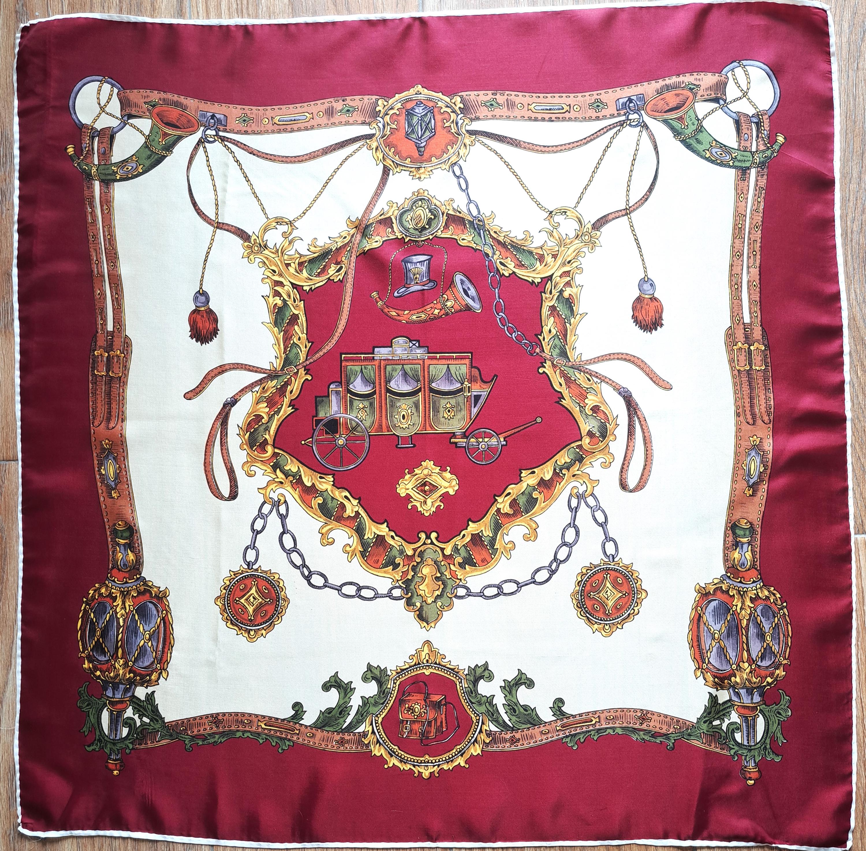 Vintage Silk Scarf: 70s Royal Carriage Print, Burgundy Cream Gold