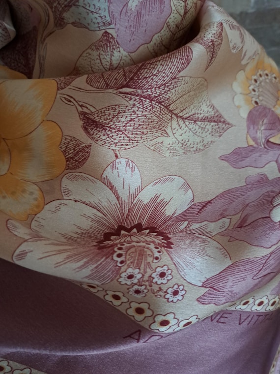 Adrienne Vittadini Vintage Silk Scarf Purple Beige Floral  display picture 3