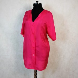 Vintage 80s Oscar De La Renta Fuchsia Minimalist Silk Blouse Size L