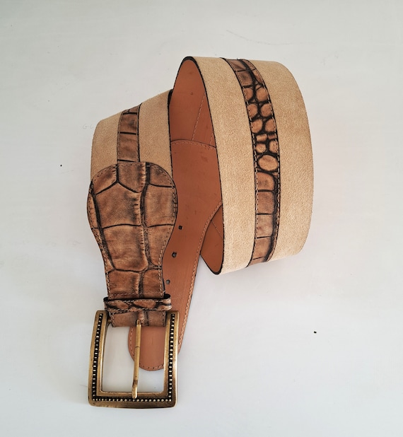 Vintage Croc Embossed Leather Trim Suede Belt: Wide Brass  display picture 2