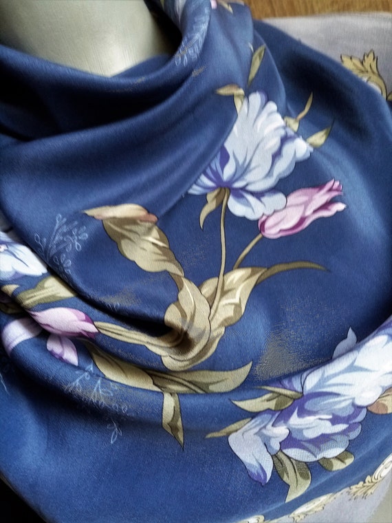 Floral Silk Scarf, Blue Head Scarf with Flowers, … - image 5