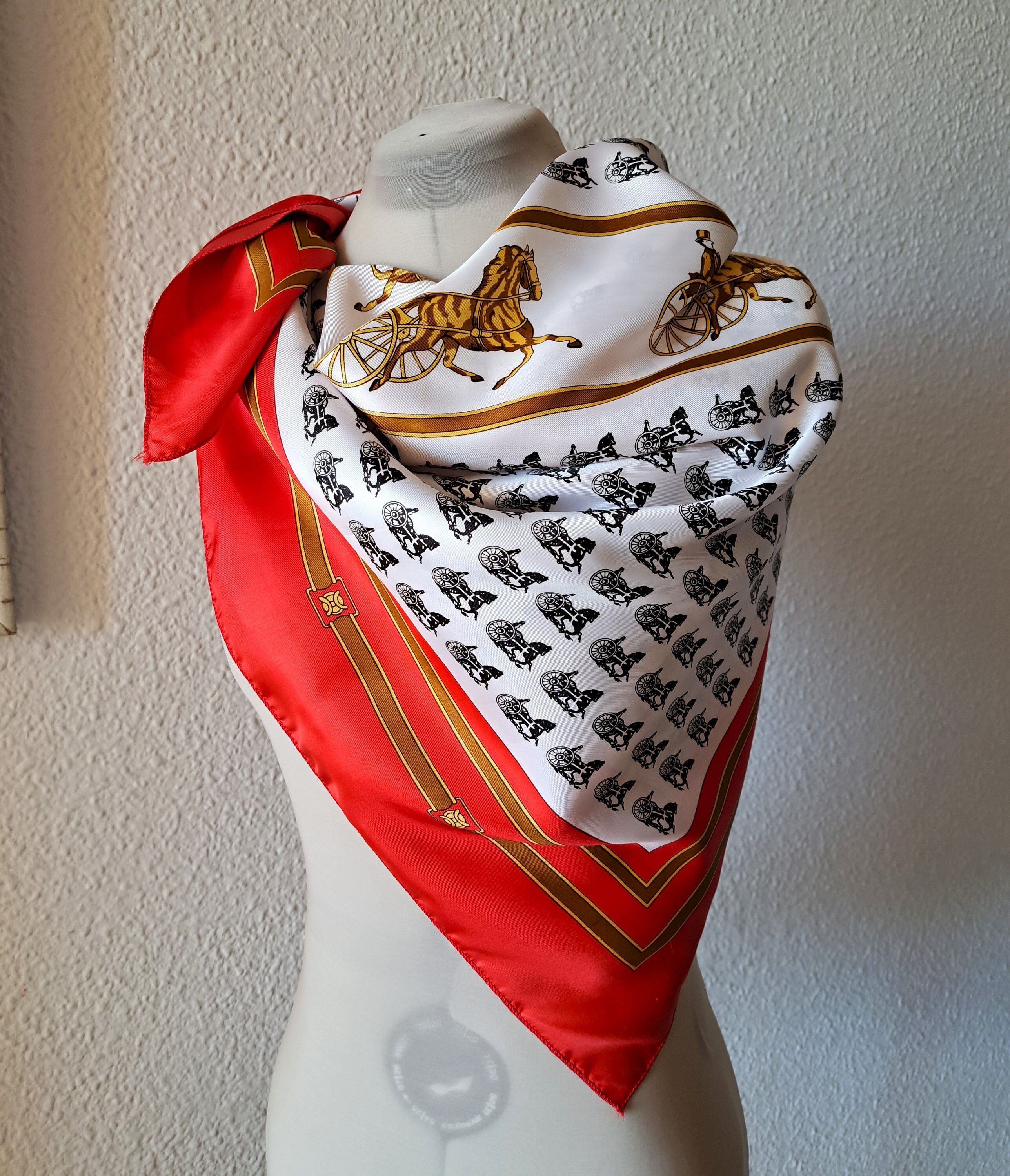 Vintage Horse Carriages Print Scarf, Red Gold White Black