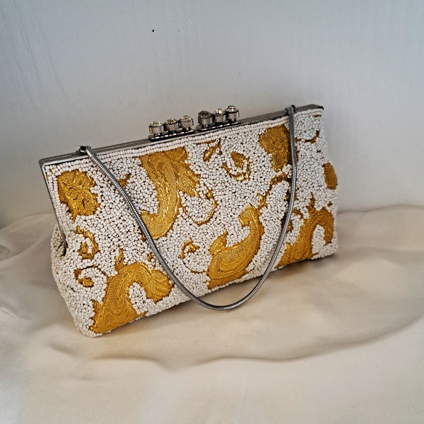 Vintage Beads Bag White & Gold Brocade Purse Luxury Evening Bag Chain Strap Beads Small Handbag