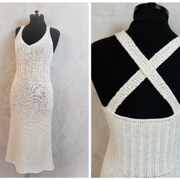 Vintage 1990s Cross Back White Knitted Dress