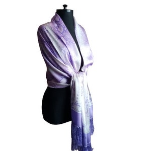 Vintage 90s Escada Long Silk Scarf, Purple White Shawl, Snake and Paisley Print Silk Wrap with Fringe image 3