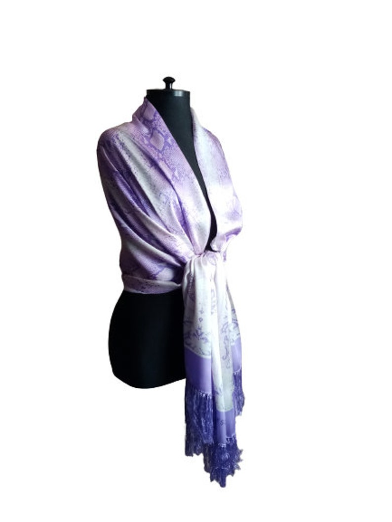 Vintage 90s Escada Long Silk Scarf, Purple White Shawl, Snake and Paisley Print Silk Wrap with Fringe image 3