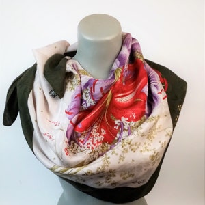 D'Este Vintage Silk Scarf, Italian Flowers Print Scarf, Jacquard Silk Scarf, Large Square Scarf, Hand Rolled Edges Head Scarf