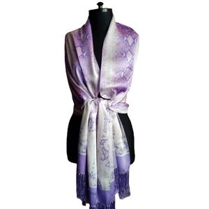 Vintage 90s Escada Long Silk Scarf, Purple White Shawl, Snake and Paisley Print Silk Wrap with Fringe image 1