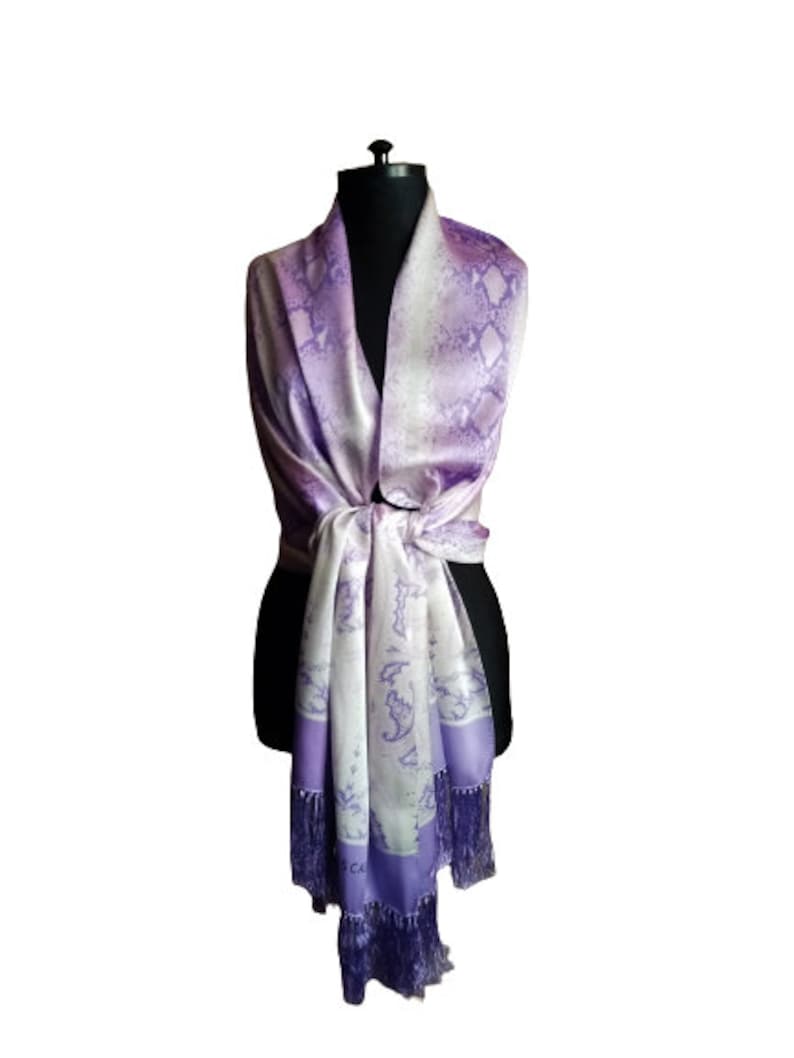 Vintage 90s Escada Long Silk Scarf, Purple White Shawl, Snake and Paisley Print Silk Wrap with Fringe image 1