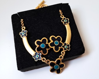 Boucles D'oreilles Vintage Clips Dorées - Émail Papillons Et Fleurs - Bon état