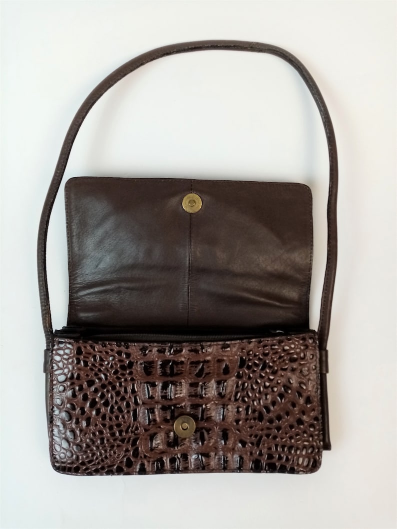 Croc Embossed Handbag, Genuine Cow Leather Purse, Brown Small Shoulder Bag, Made in India image 9