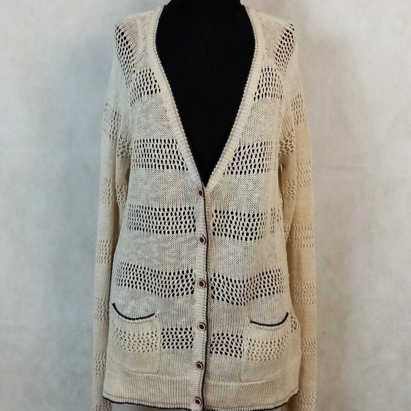 Baumwoll Leinen Cardigan, Feinstrick Strickjacke mit Netzdetails, Beige Cardigan mit Taschen