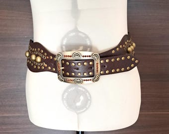 Vintage Vera Pelle Brown Leather Belt: Wide Studded Rhinestone Bohemian