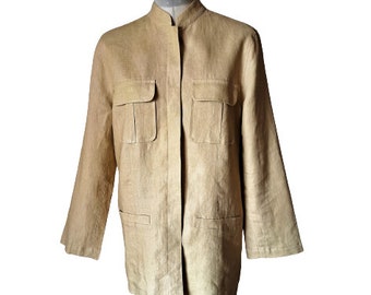 Vintage Laura Ashley Linen Jacket, Beige Linen Shirt With Chest Pockets, Mandarin Collar Linen Blazer,  Size US 10