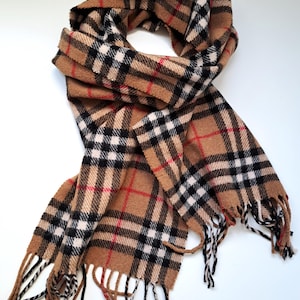 100% Wool Lamswool Scarf Beige Black Red Plaid/Check Long Fringe Scarf Made in Italy, 166 x32 cm
