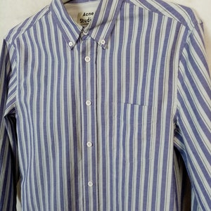 Ache Studios Men's Shirt, Blue and White Striped Button Up Long Sleeve DressShirt  Size 46