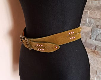 Vintage Dolce & Gabbana Green Suede Belt With Pink Metallic Studs