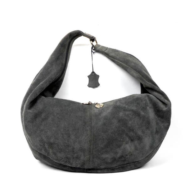 Genuine Suede Leather Bag, Grey Shoulder Bag, Boho Style,  Made in Italy, Vintage Handbag