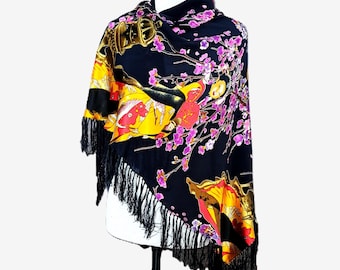 Large Japanese Silk-Style Scarf: Geisha/Sakura Design Black Golden Purple