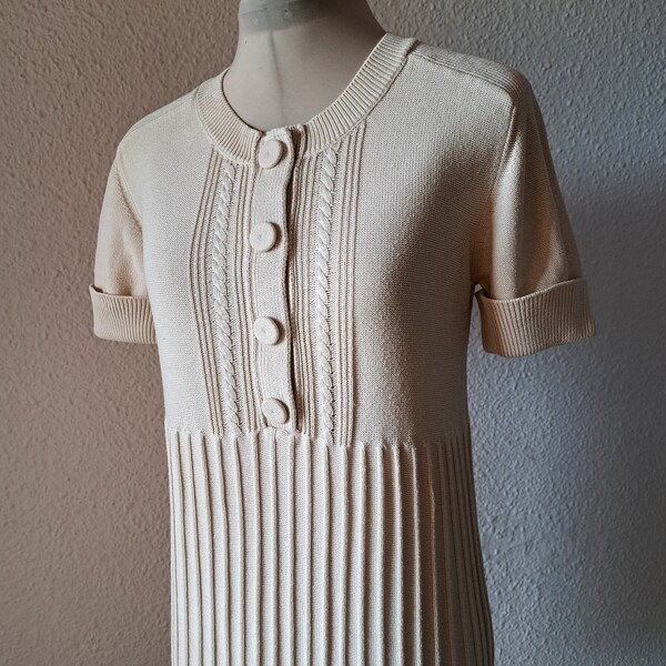 See By Chloe Knitted Dress, Ivory Ribbed Knit Dress, Short Sleeve Cotton Sweater Dress