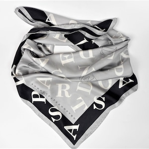 Vintage Italian Silk Scarf: Gray, White & Black Letter Design