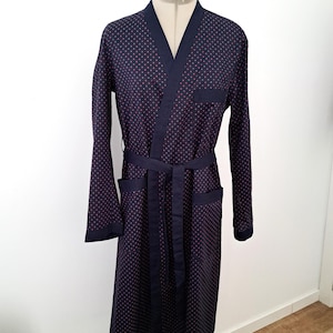 Vintage 80s Cotton Robe: Navy Blue Red Patterned Belted Gown, Medium