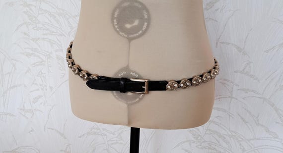 Vintage Black Leather Rhinestone Belt: Italian Silver Metal  display picture 3