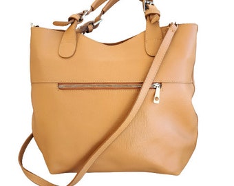 Vera Pelle Made In Italy Bag, Tan Saffiano Leather Handbag,  Top Handles Bag with Detachable Shoulder Strap