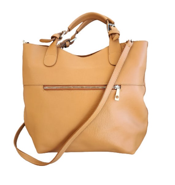 Vera Pelle Made in Italy Bag, Tan Saffiano Leather Handbag, Top Handles Bag  With Detachable Shoulder Strap 