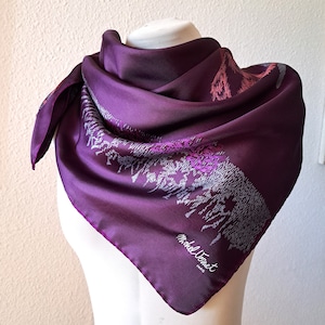 Vintage Silk Scarf, Purple/Gray Abstract Floral Design Silk Scarf, Michel Vernet Paris Signed Scarf