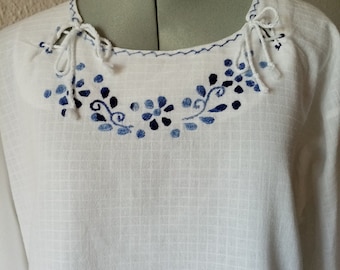 Vintage Hand Embroidered Peasant Blouse: 70s Bell Sleeve Cotton Top, Size XL
