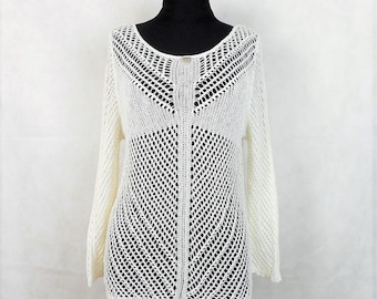 Weiss Baumwolle Strick Bluse, Frauen Weiss Häkel Top, Netz Strick Pullover von Guess, Langarm Strick Top, Grösse S