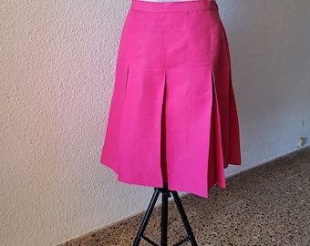 Silk Linen Skirt, Hot Pink Pleated Skirt Knee Length, Elena Brunelli Vintage Skirt, 46IT