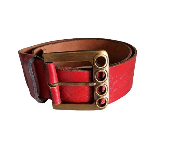 Vintage Women's Genuine Leather Red Belt, Wide Ca… - image 1