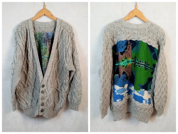 Vintage Men's Chunky Cable Knit Wool Abstract Land