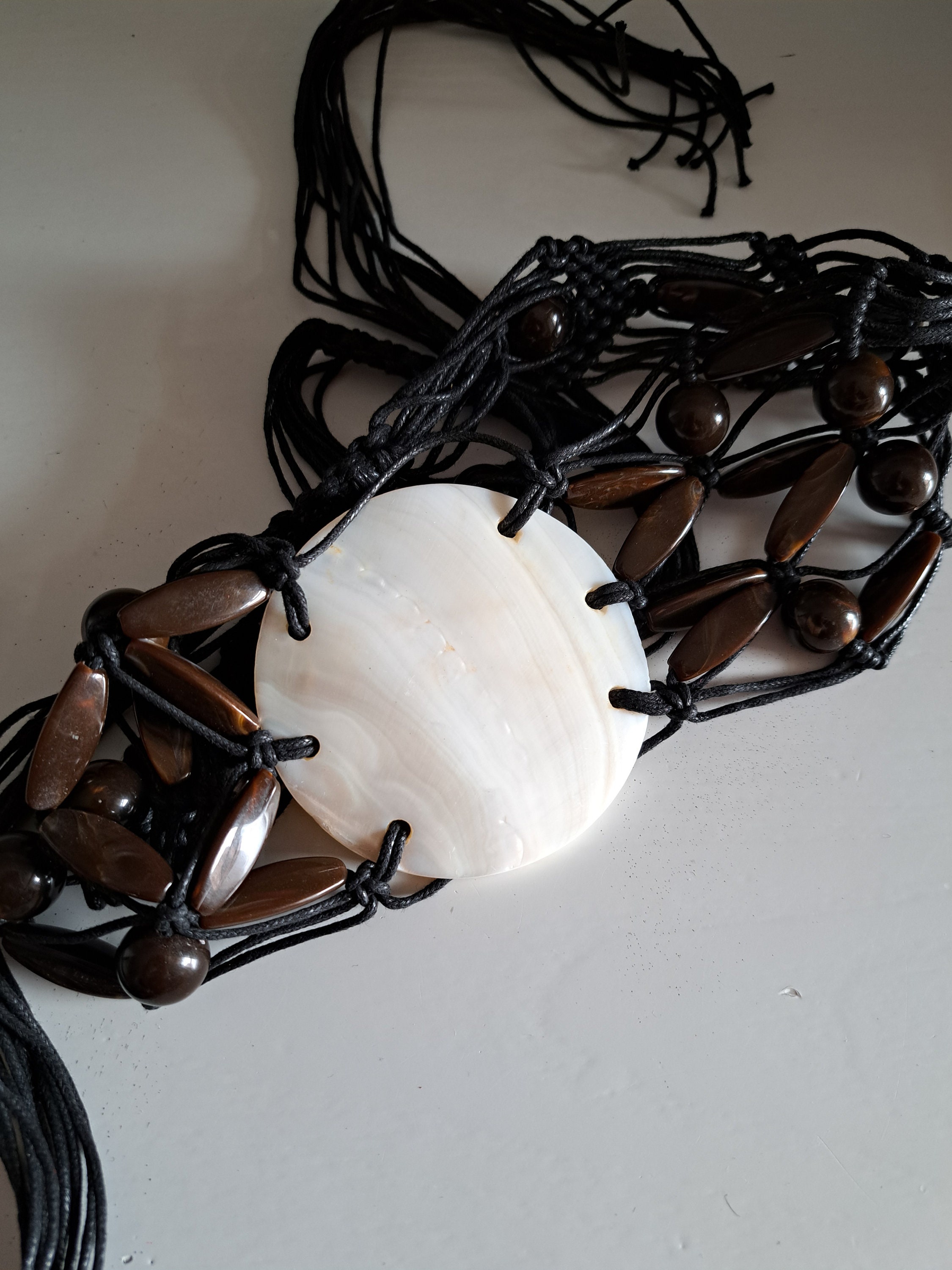 Vintage Mother of Pearl Shell Belt: Black Corded Boho Tie  display picture 3