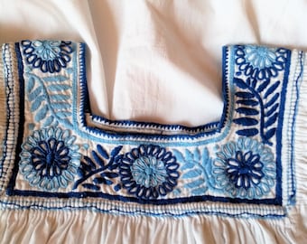 Antique Hand Embroidered Dress, Ethnic Rustic Style Dress, Hand Embroidered White Blue Cotton Dress, Folk Dress
