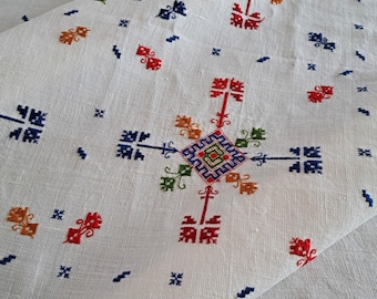 Vintage Handmade Embroidered Tablecloth Geometric Design Multicolor