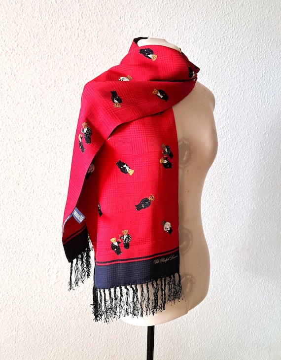 Vintage Polo Ralph Lauren Silk Scarf: Martini Bear Plaid, Fringed
