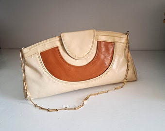 Vintage 90s Small Leather Bag Beige Brown Chain Strap Shoulder Clutch Bag