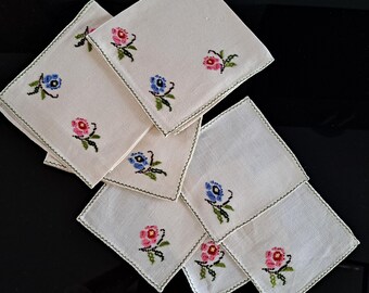 Antique Linen Napkins: Set of 7 Hand Embroidered Floral Napkins