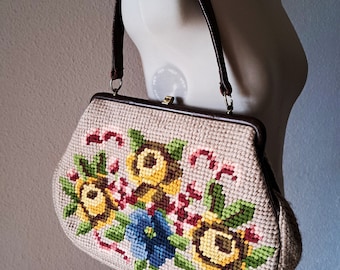Large Tapestry Bag Vintage 50s Top Handle Handbag Multicolored Flowers Embroidery Purse