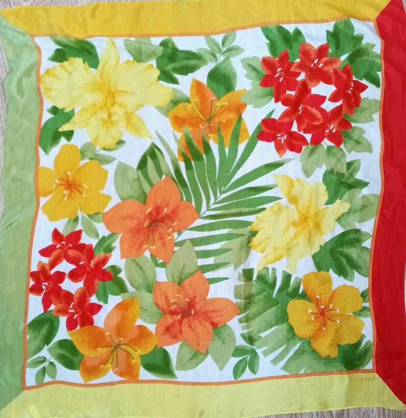 Vintage Yellow Green Orange Flowers Printed Silk Scarf, Toccare Square Silk Scarf image 2