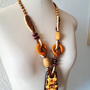 Vintage African Ethnic Necklace Bone Pendant Wood Glass Beads