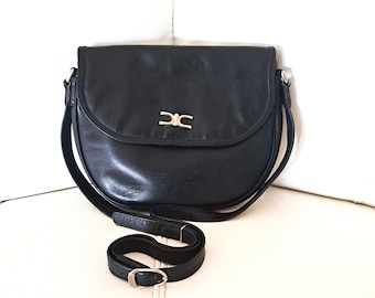 Bolso de hombro vintage francés Texier de piel auténtica negra de los años 80