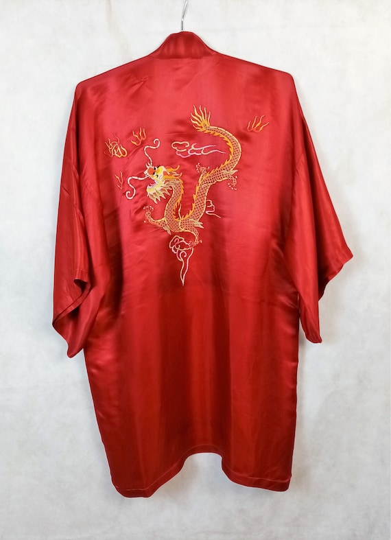 Vintage Golden Dragon Chinese Red Silk Robe,  Han… - image 7