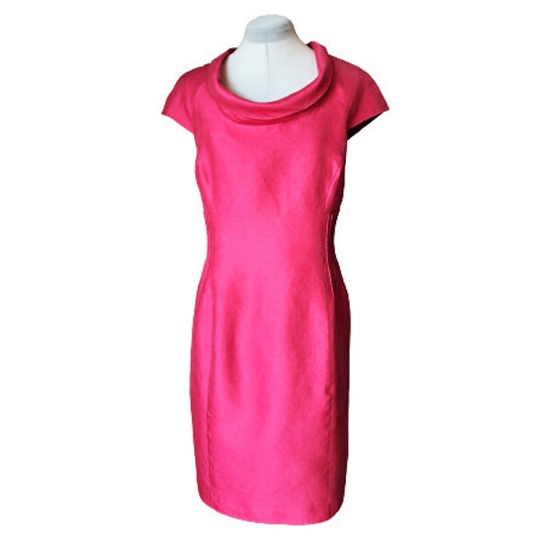 Vintage 90s Armani Collezioni Dress, Ruby Pink Cotton and Silk Dress, Short Sleeve Pintuck Detail Sheath Dress, L