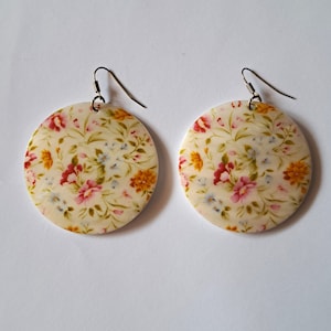 Large Round Genuine Shell Earrings Floral Painted